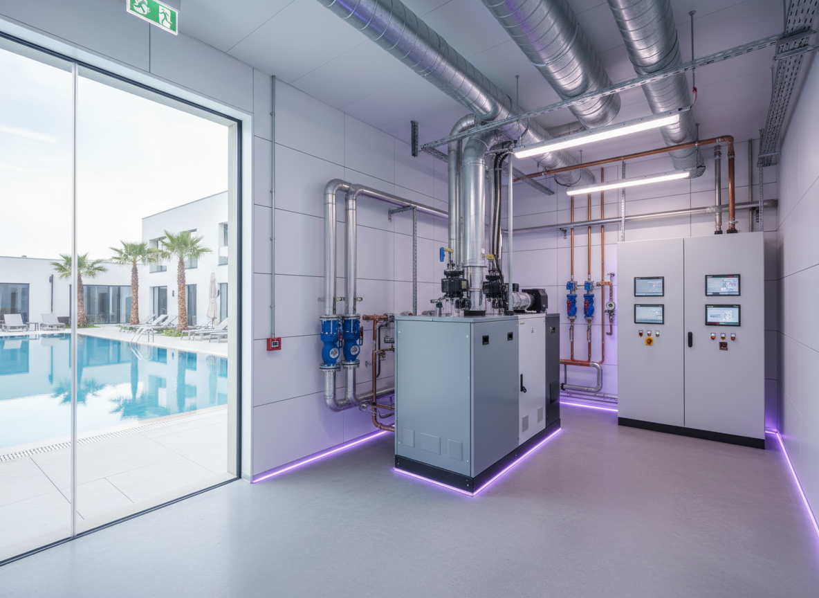 Pool plant room: heat pump, pumps and controls being measured